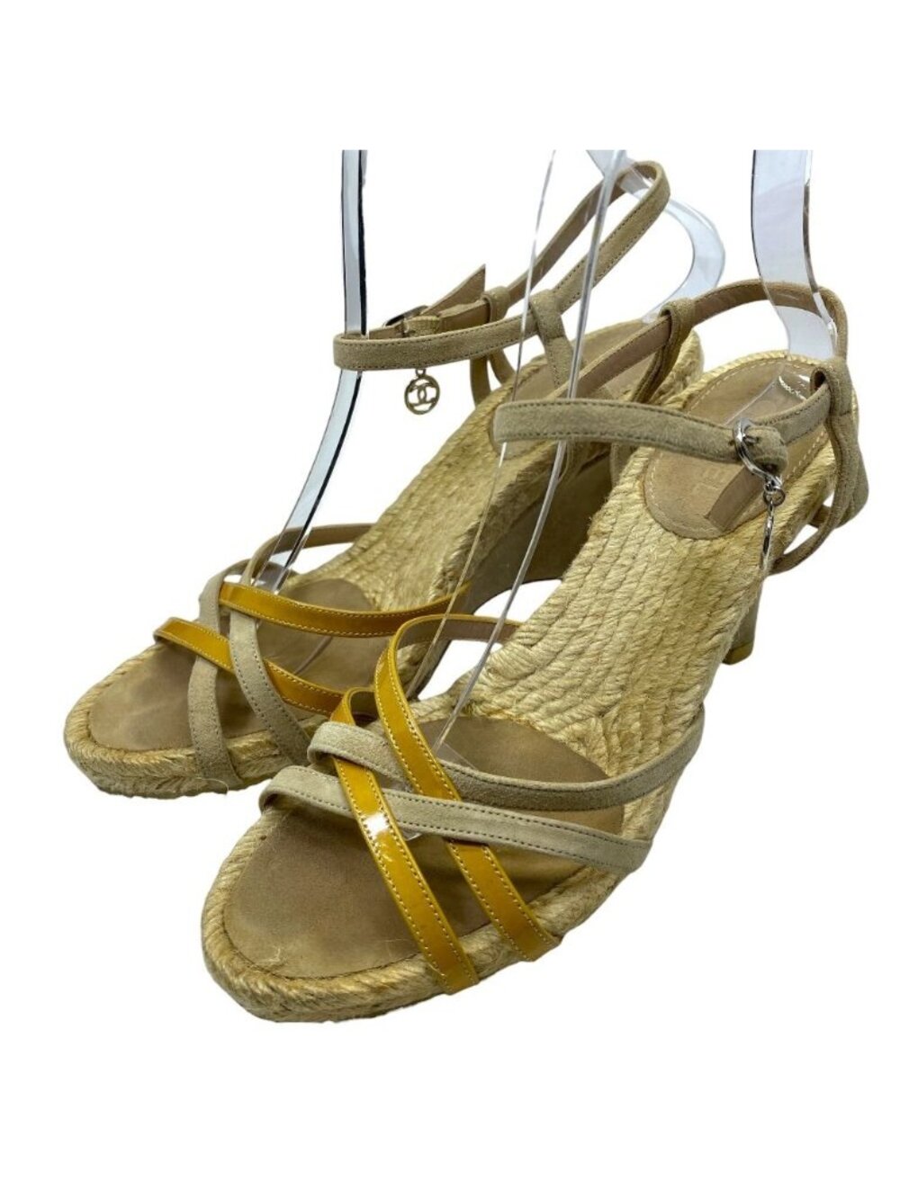 Chanel Cross Strap Wedge Sole Sandals CC Logo Charm Suede Leather Beige Brown